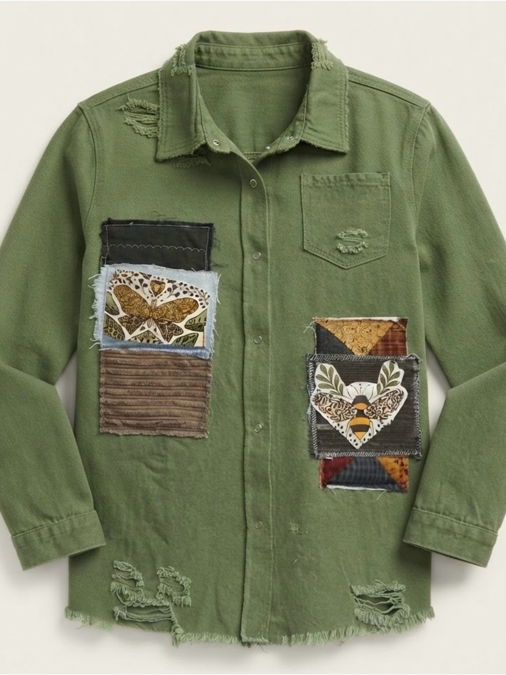 Olive Green Patchwork Button-Down Shacket Boho women’s XL